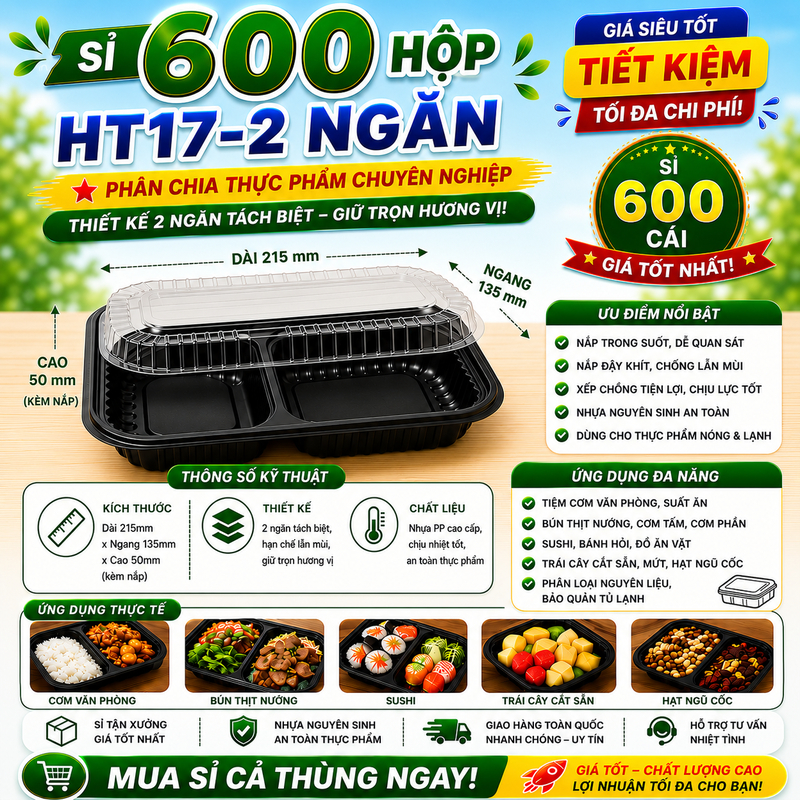 Sỉ 600 hộp đựng thực phẩm HT17 2 ngăn, kín khít, tiện bảo quản và phân chia món ăn - Bao Bì TH