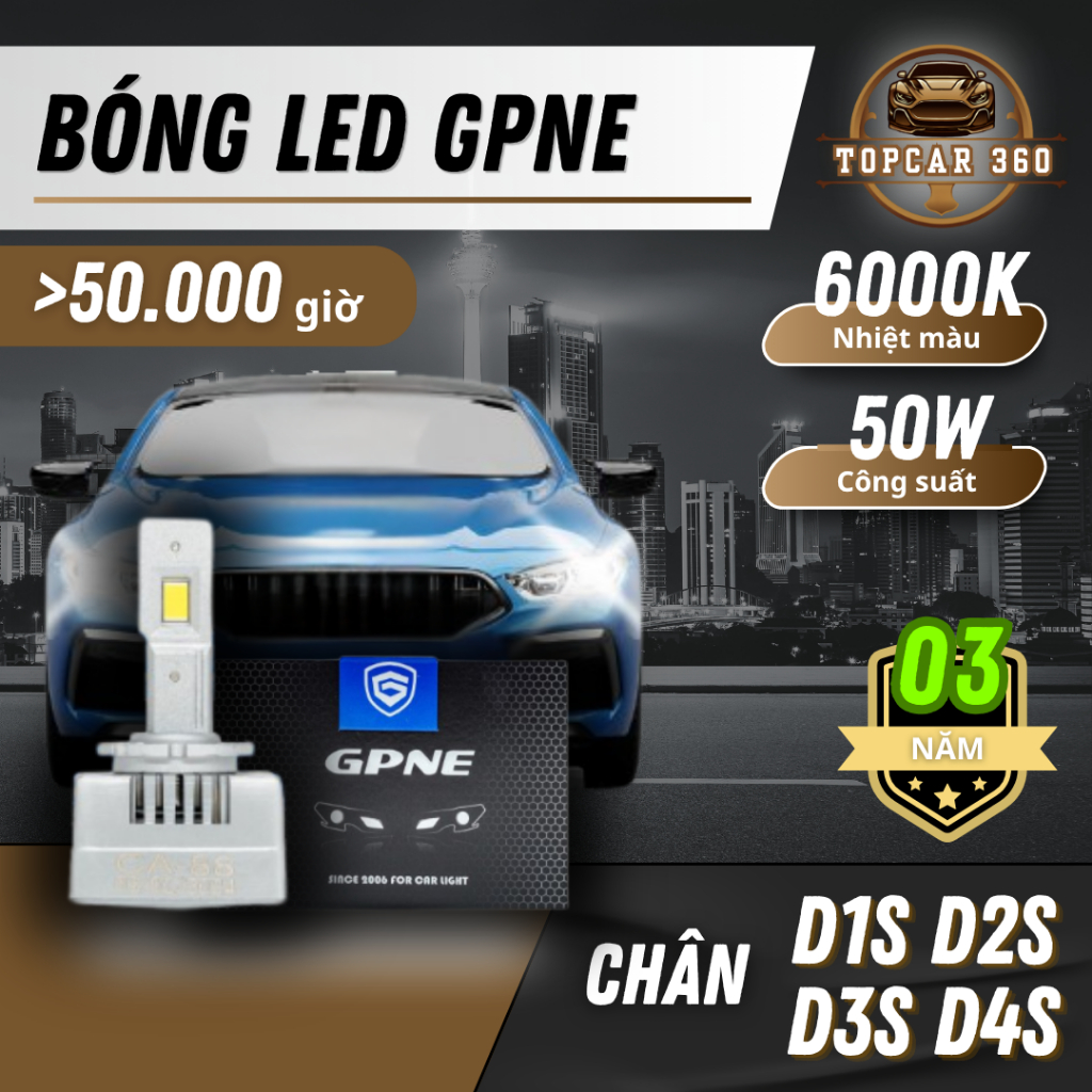 Bóng LED GPNE chân D D3S, D1S, D2S, D4S Tăng sáng 300% cho ô tô - Tản nhiệt kép siêu bền TopCar360 B