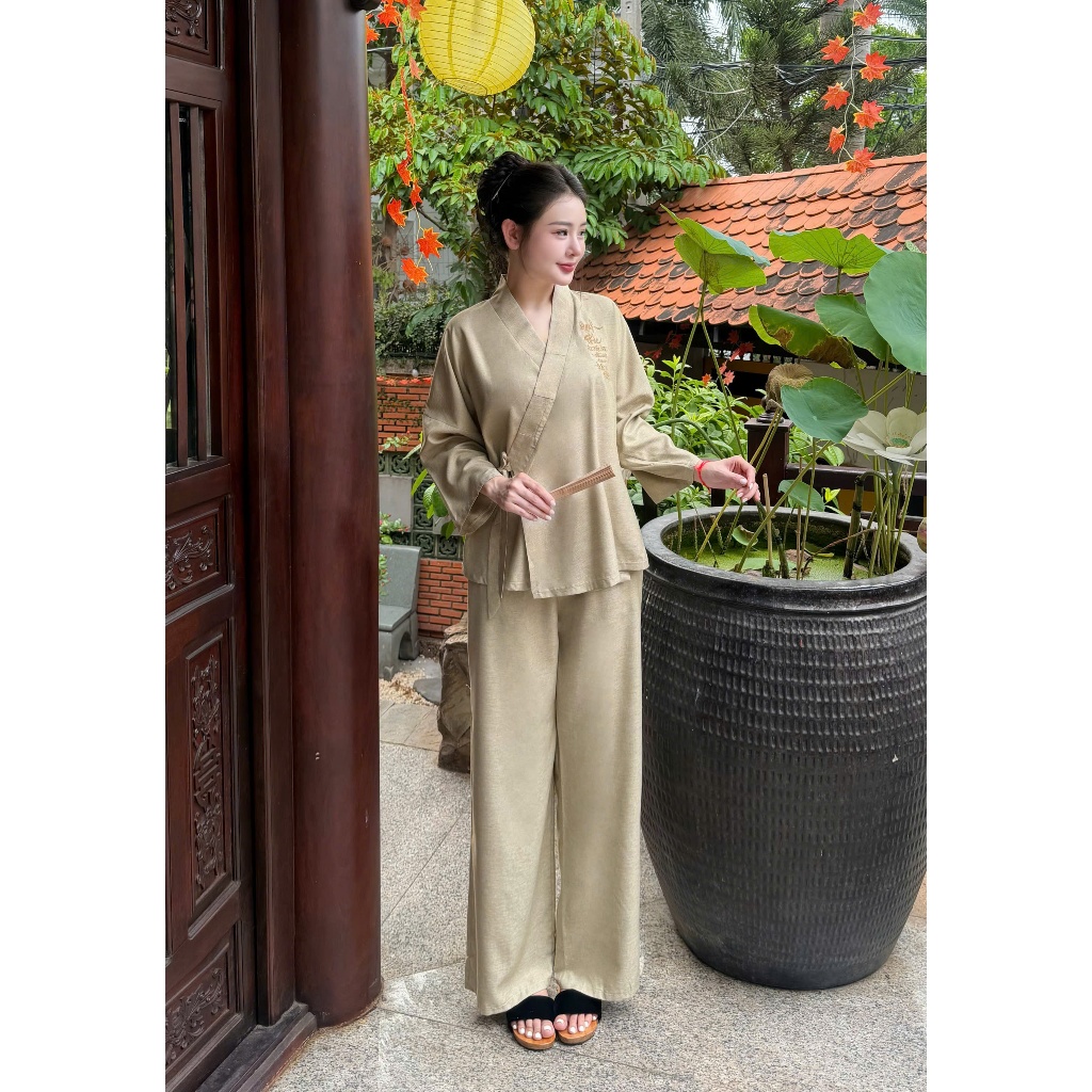 Ms068 Pháp phục lễ chùa, đồ lam đi chùa nữ thêu hạnh phúc cổ v vải linen.lun