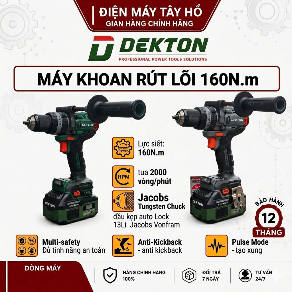 Máy Khoan Rút Lõi 160Nm DEKTON_ID13160PROMAX, Tốc Độ 0-2500v/p, Khả Năng Kẹp Tối Đa 13mm, Bảo Hành 1