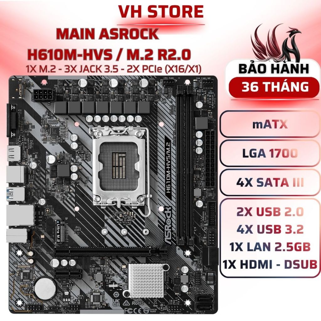 Mainboard ASRock H610M-HVS/M.2 R2.0 DDR4 LGA1700 - BẢO HÀNH 36 THÁNG - VHSTORE