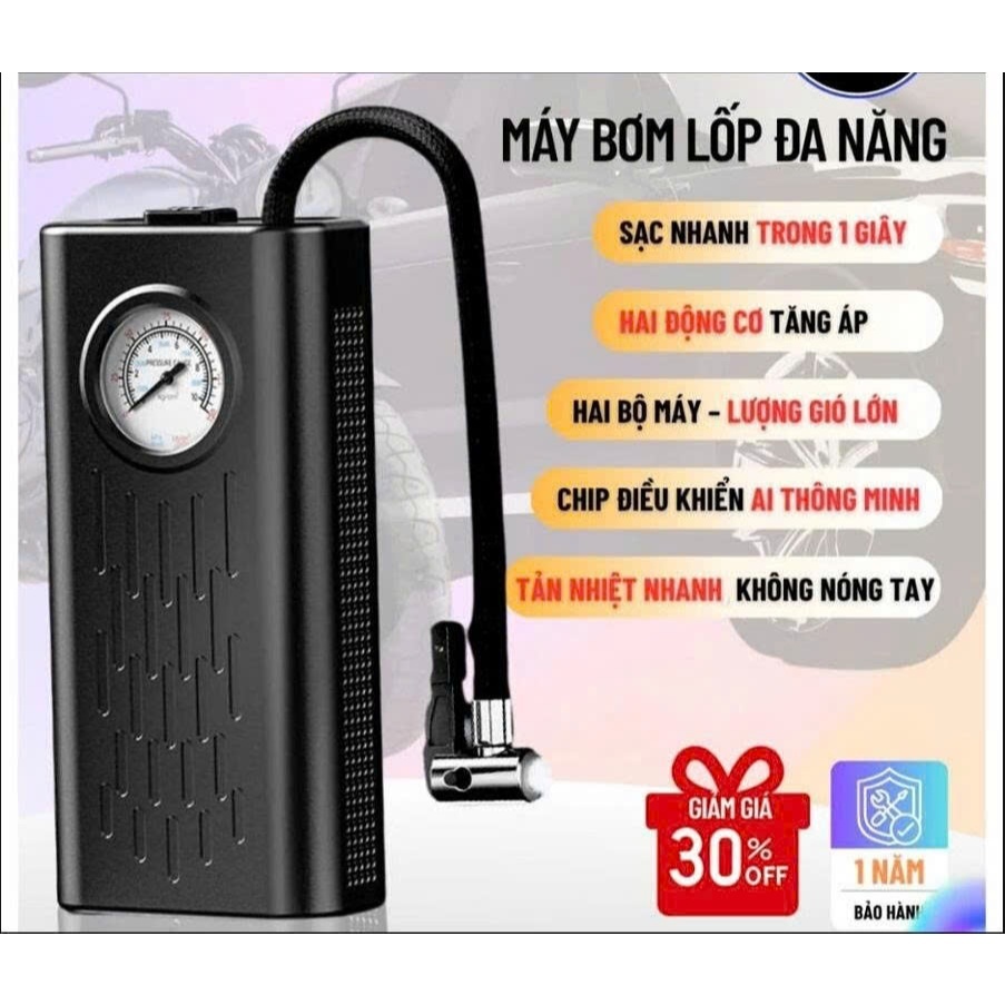 Bơm lốp mini di động dùng pin sạc cao cấp Viet Depot dùng cho Ô tô, Xe đạp, Xe máy, Xe điện, Bóng đá