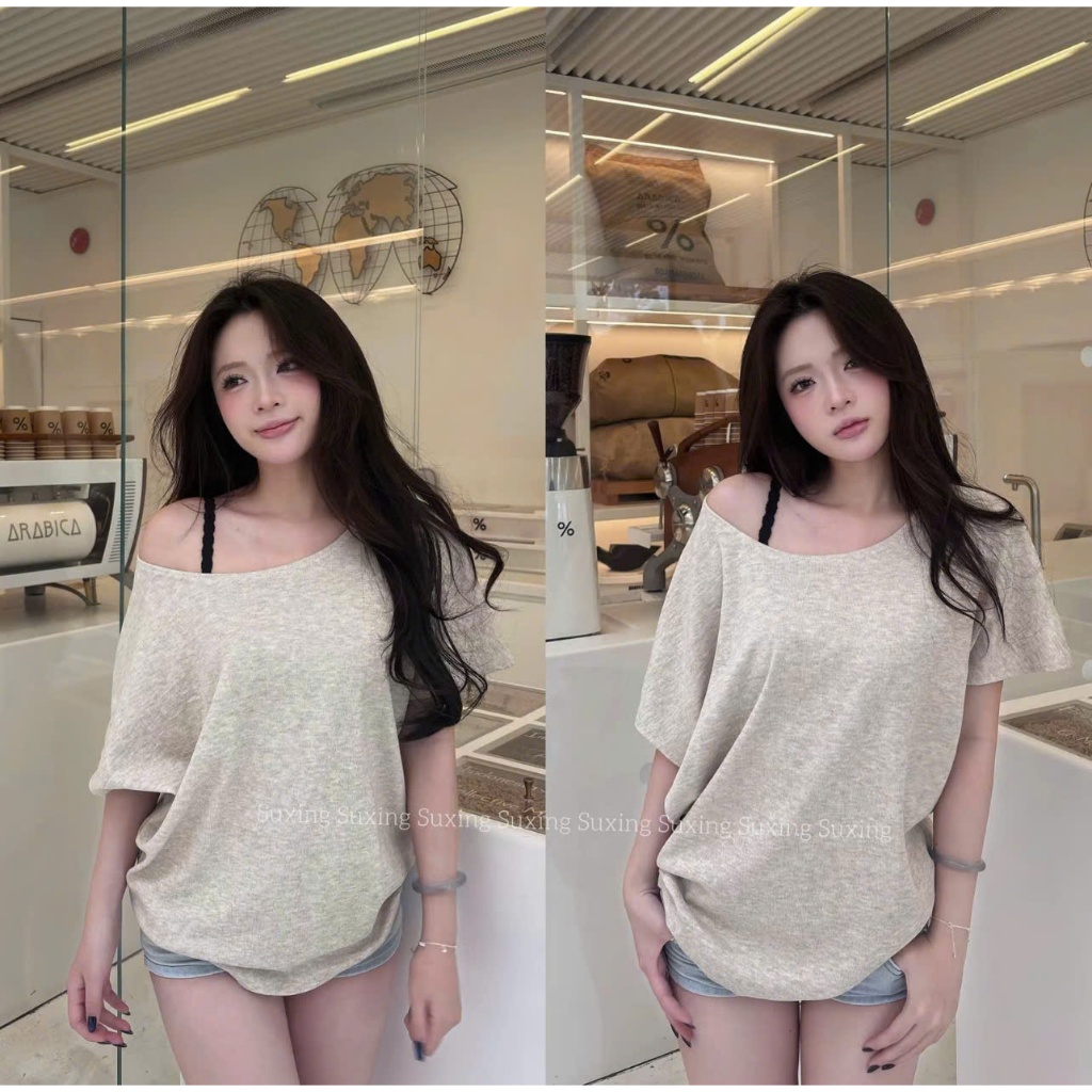 [SUXING] Áo Thun Nữ Dáng Rộng Lệch Vai, Áo Cộc Tay Cổ Lệch Chất Thun Lông Thỏ Form Rộng - S57