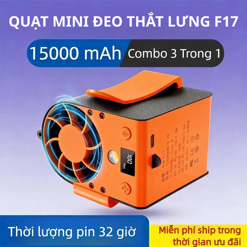 Quạt mini đeo thắt lưng F13, F17, F18 - quạt làm mát lưng chạy liên tục 12-48h, dung lượng 15000mah 