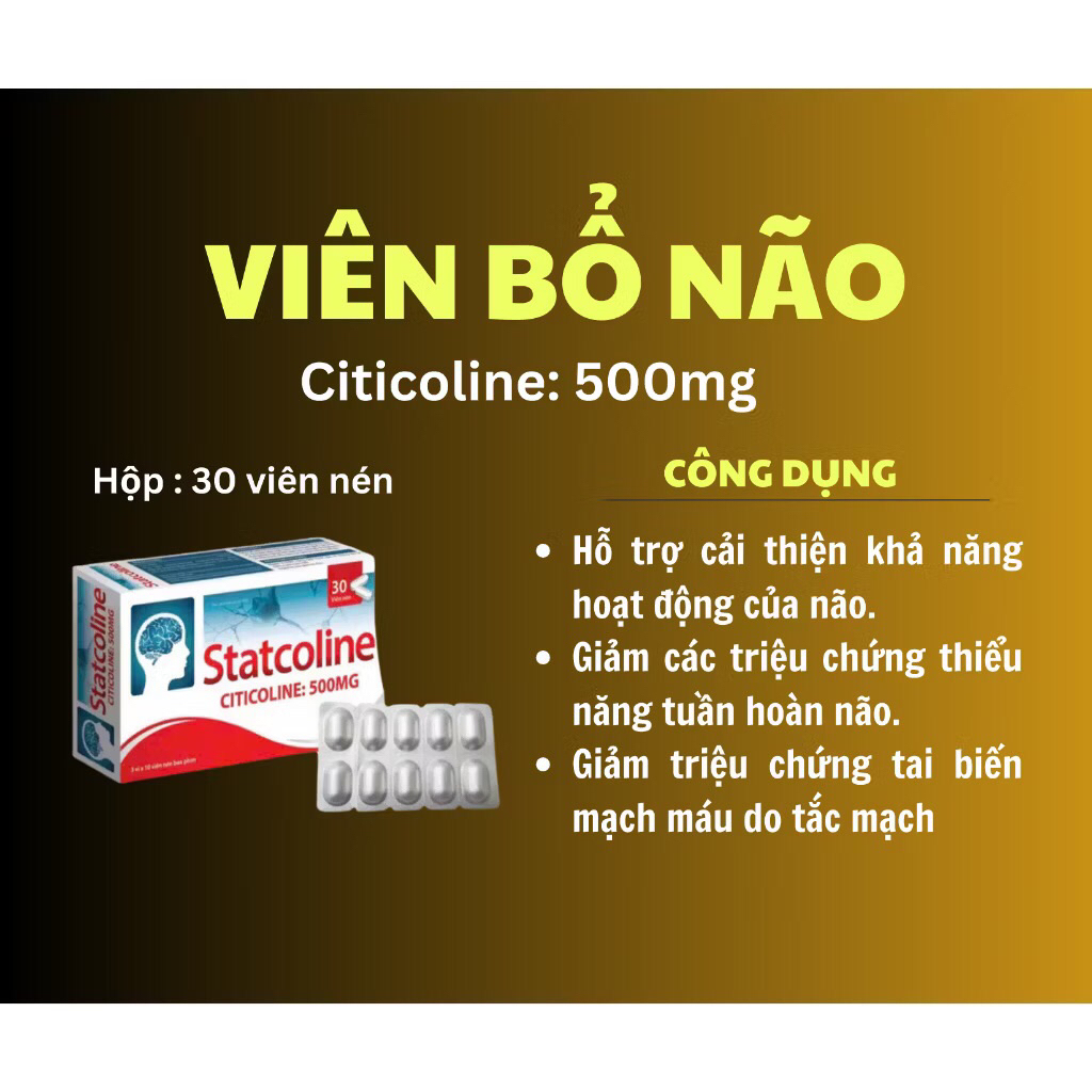 Viên uống Statcoline Citicoline 500mg Giúp Hoạt Huyết Dưỡng Não, Phục Hồi Sau Tai Biến Do Tắc Mạch