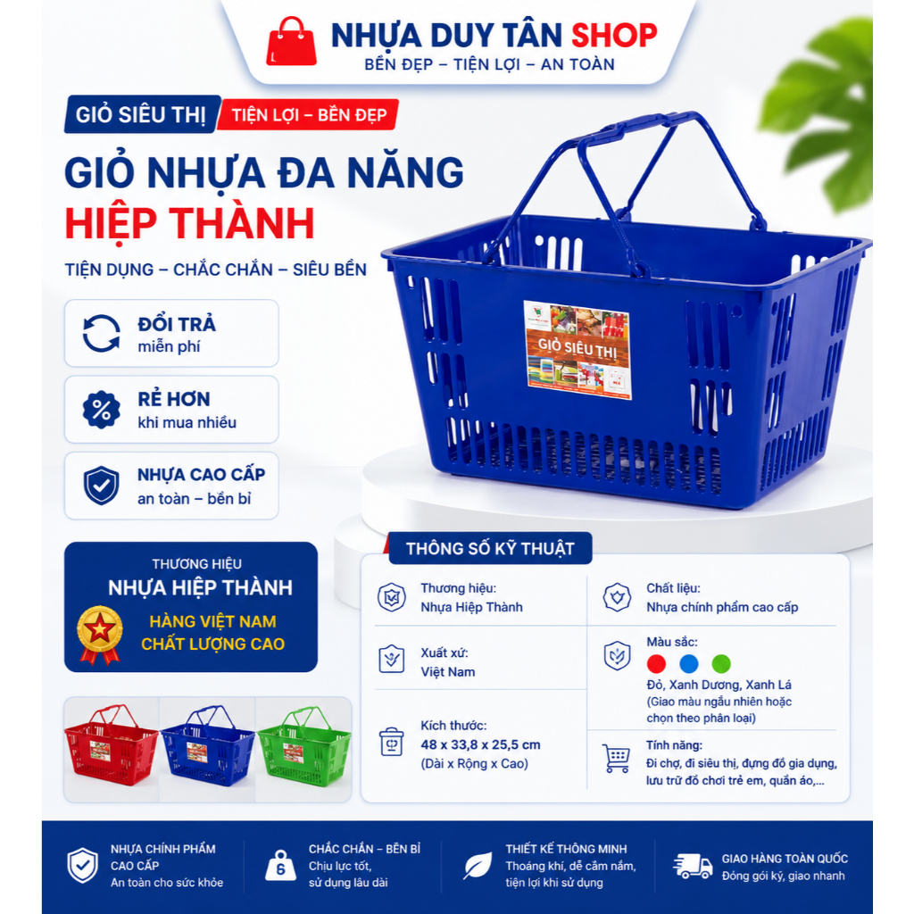 Giỏ Xách Siêu Thị Nhựa Hiệp Thành Cỡ Lớn Có Quai Cầm Đôi Đi Chợ Đựng Đồ Đa Năng