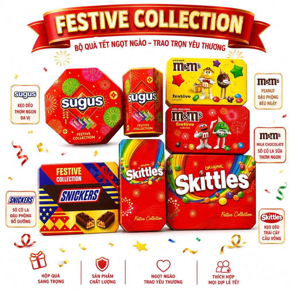 Hộp Kẹo quà tết 2026 kẹo thương hiệu : Sugus , Skittles , Snicker , M&M | Freeship