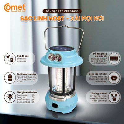 Đèn Sạc LED Tích Điện COMET CRL3403S 9W Sạc Solar, Cắm trại, Đèn pin, Đèn sạc, Đèn SOS