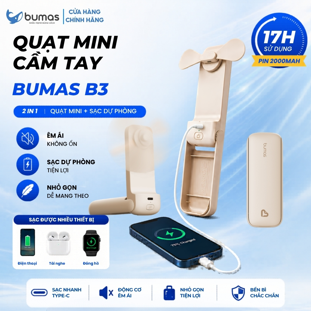 Quạt Mini Cầm Tay Gấp Gọn BUMAS B3 2 In 1 Có Sạc Dự Phòng, Nhỏ Gọn Bền Bỉ -Sử Dụng 17H, 3 Cấp Độ Gió