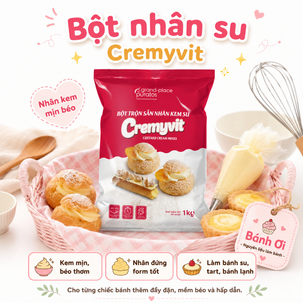 Bột nhân Bánh Custard, Bột nhân su, Bột Trộn Sẵn Nhân Su Kem Cremyvit Puratos – Làm Nhân Su Kem