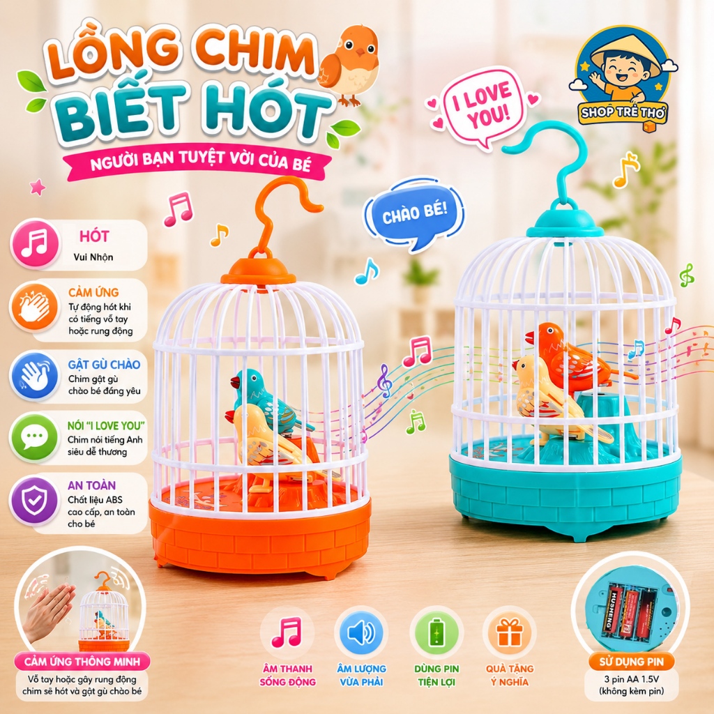 Đồ chơi lồng chim biết hót, vỗ cánh chào, nói I love you dễ thương cho bé