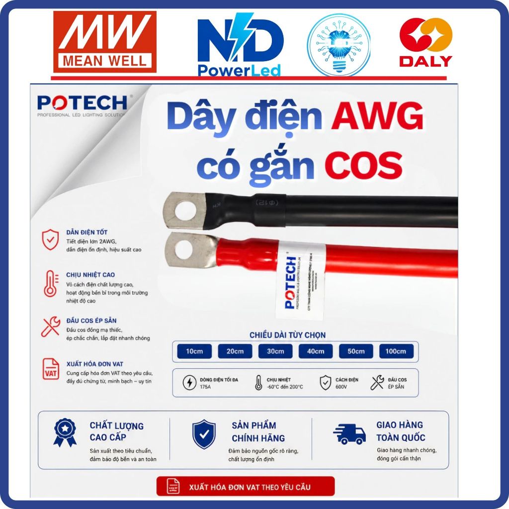 Dây Điện 2AWG 4AWG 6AWG 8AWG Bấm Sẵn Đầu Cos dài 10, 20, 30, 40, 50cm– Đấu Nối Nhanh, Chắc Chắn
