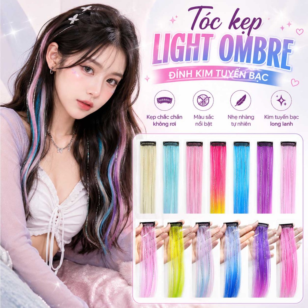 Tóc giả light ombre kẹp kim tuyến bạc | Tóc highlight giả phong cách Y2K cá tính T681