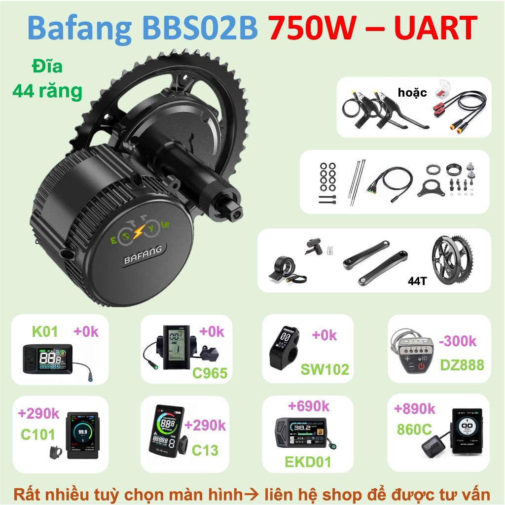 Bộ Kit nâng cấp xe đạp điện trợ lực trục giữa - ebike mid drive motor Bafang BBS02B 48V 750W
