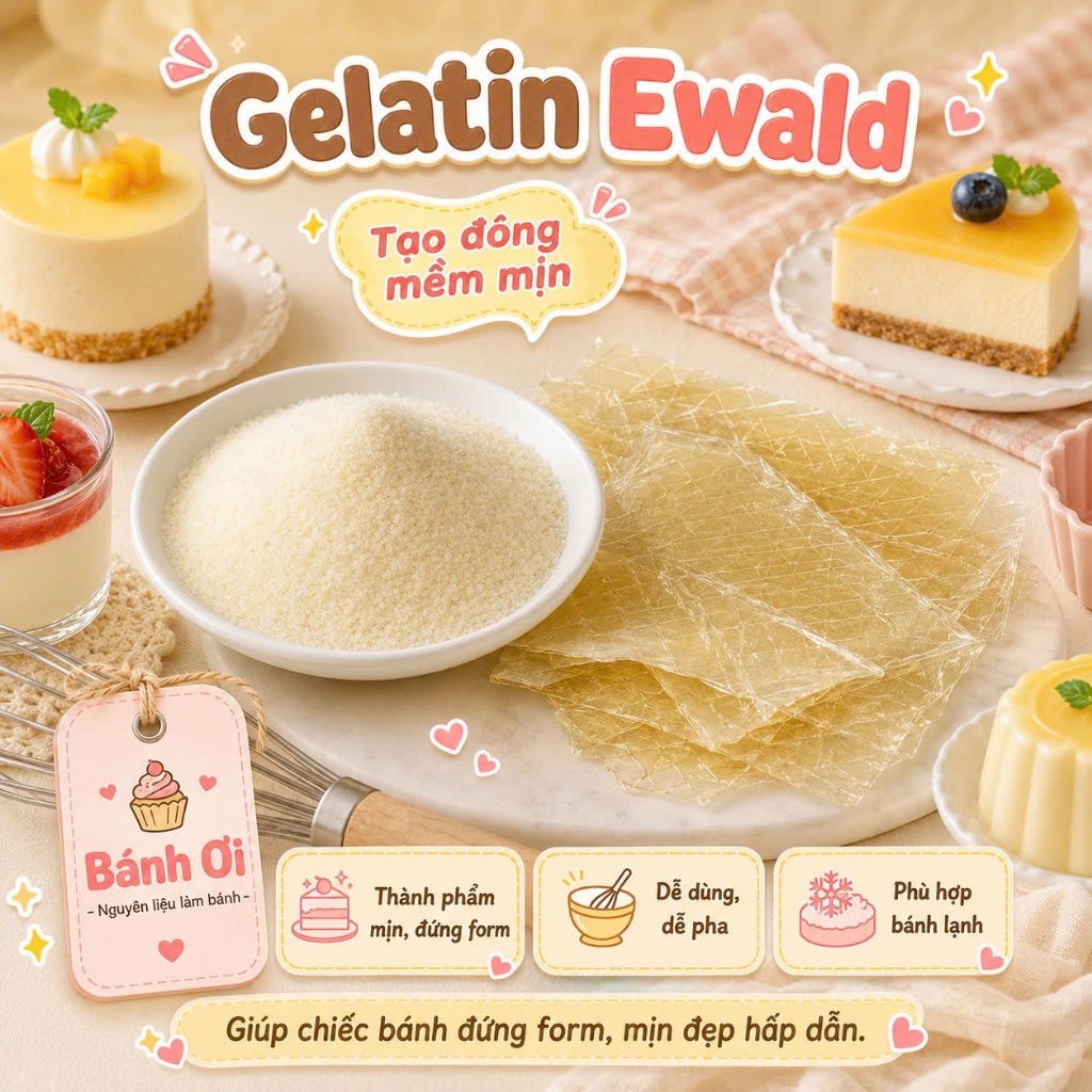 Gelatin làm chè khúc bạch, làm bánh dạng bột và gelatin dạng lá, gelatin ewald ĐỨC