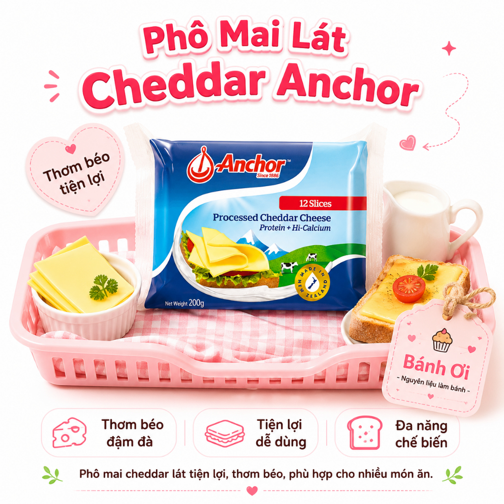 Phô Mai Lát Cheddar Anchor, Cheddar Cheese Làm Burger, Sandwich, Bánh Mì, Món Nướng Gói 200g/12 lá