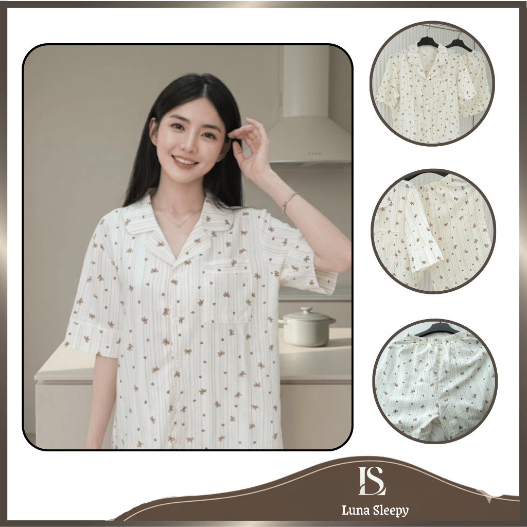 Luna Sleepy Bộ ngủ chất đũi mây mềm form rộng họa tiết nơ nâu - LS08