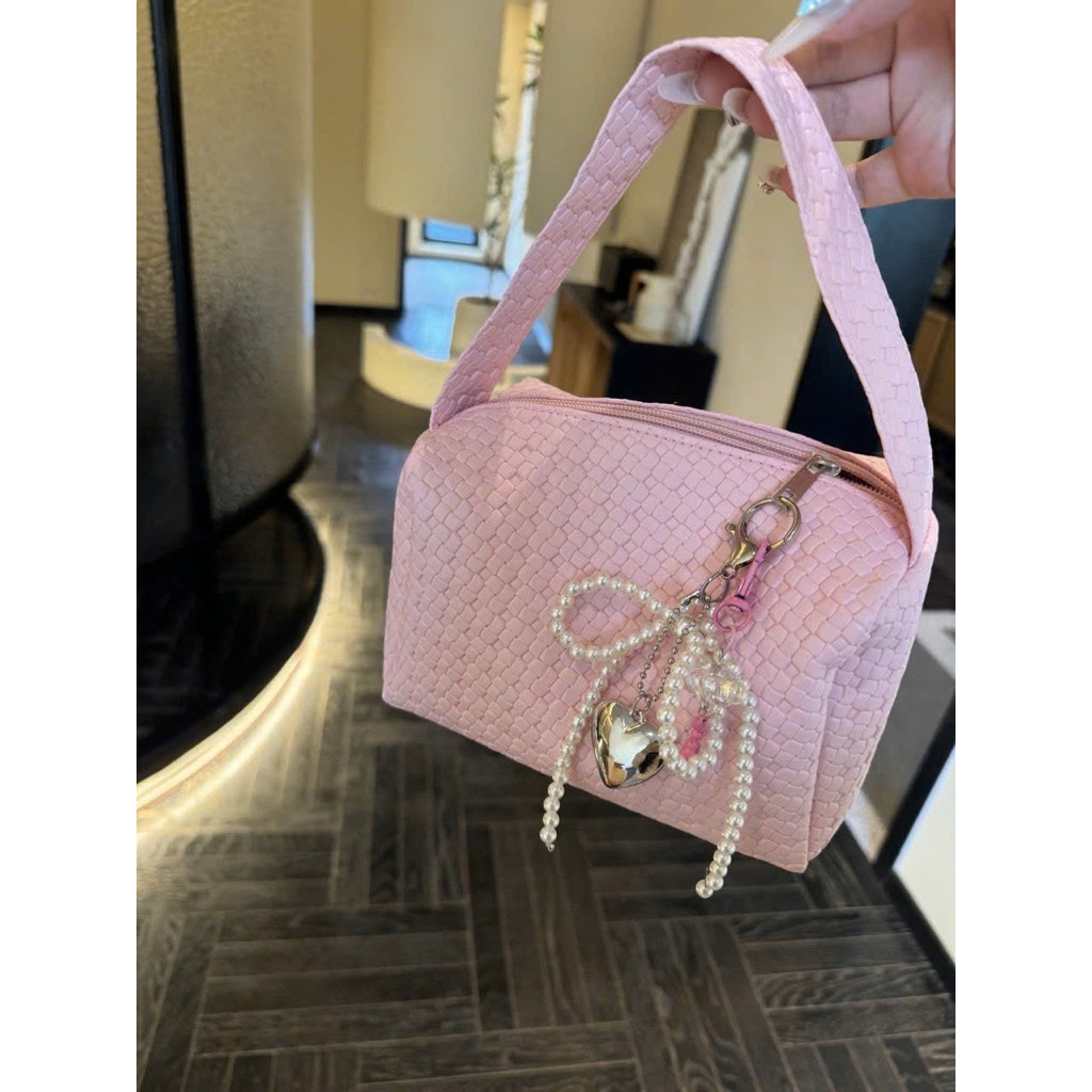 🎀 Túi Xách Makeup Mini Hồng Pastel | Túi Đeo Tay Da Vân Coquette Pink Bag Mỹ Phẩm Phụ Kiện Cá Nhân T