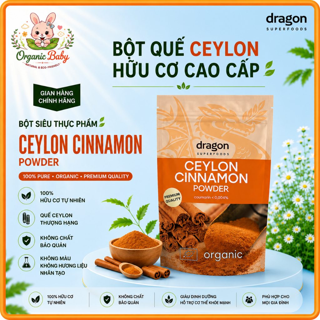 Bột Quế Ceylon Hữu Cơ DRAGON SUPERFOODS Gia Vị Organic Ceylon Cinnamon Powder 150g