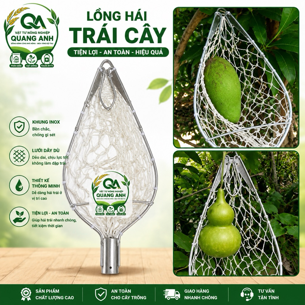 Lồng Hái Trái Cây Inox Cao Cấp | Dụng Cụ Hái Bưởi, Xoài, Mít, Ổi An Toàn | Có Túi Lưới Giữ Trái Chắc Chắn