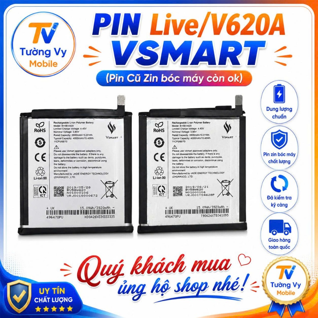 pin V620A/vsmart live ,pin cũ bóc máy còn ok