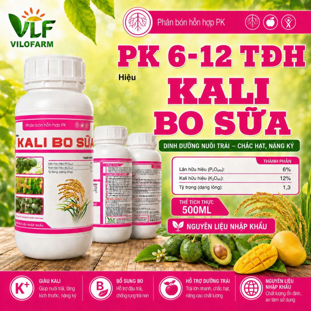 Phân Bón VILOFARM KALI BO SỮA Chai 500ml - Kali Bo Sữa, Ra Hoa Sớm, Nuôi Trái, Chắc Hạt, To Củ