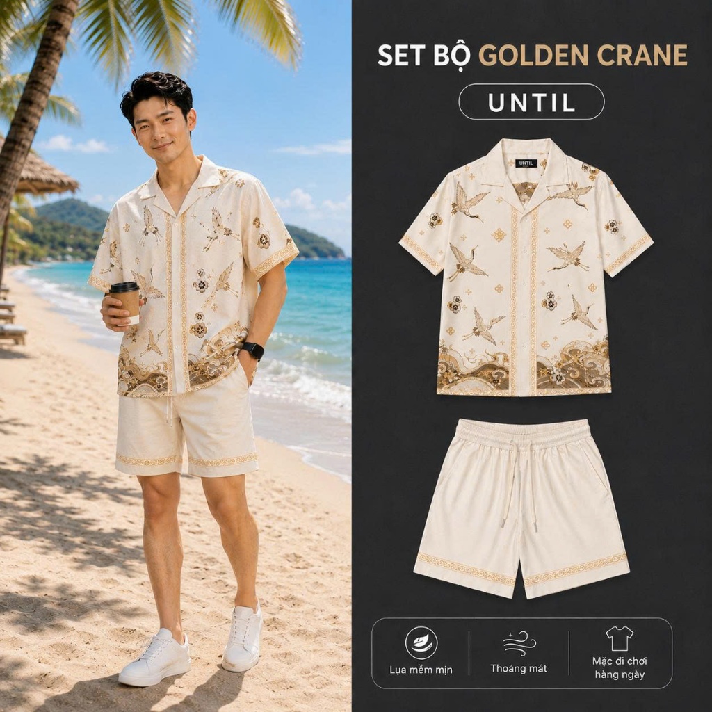 Set Bộ GOLD CRANE - UNTIL chất lụa min Cao Cấp, áo thiết kế cổ Cuban thoáng mát, co giãn, form dáng 