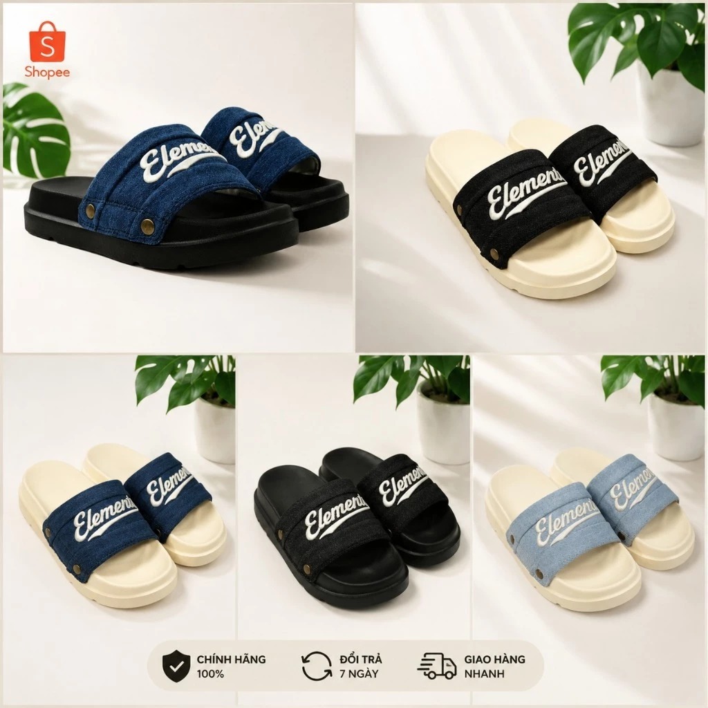 Dép ELements Nam Nữ Denim Unisex chữ thêu đính nút - (Slipper) Dép Elements vải jean đế bằng nam nữ