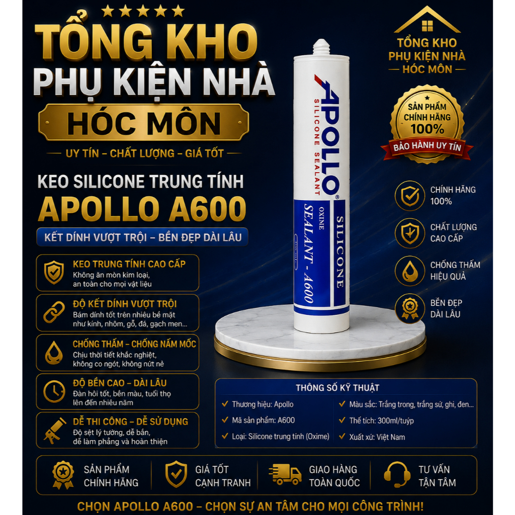 Keo silicon Apollo A600 chống thấm tốt, bền bỉ (trong suốt - trắng sữa - đen) - Hàng chính hãng