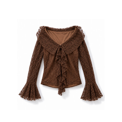 TUBYCATU Áo Kiểu Ren Wood Lace Dài Tay Loe Phối Bèo Cổ V Sang Trọng