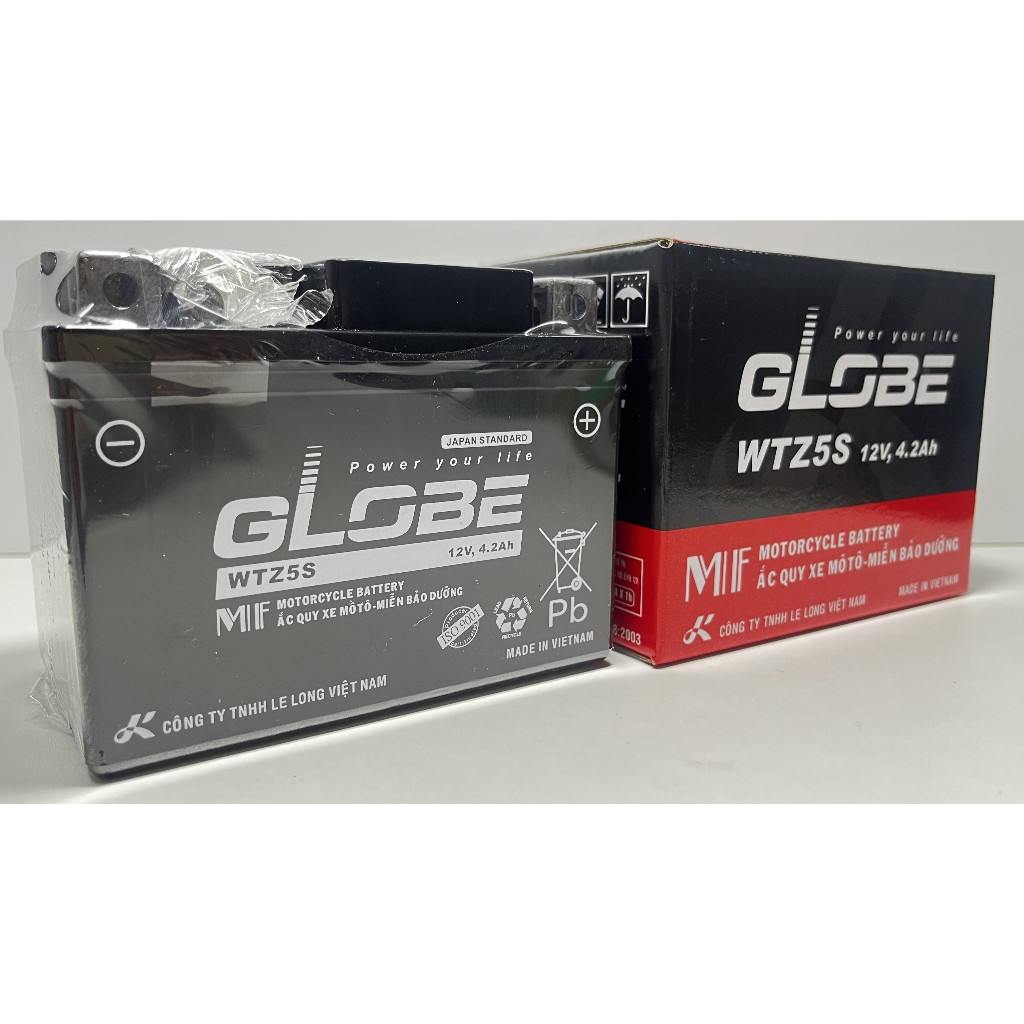 Bình Khô WTZ5S 12V,4.2Ah hiệu GLOBE Cho Xe WAVE RS100/ WAVE RS 110/ EXCITER 135/ AIRBLADE 110