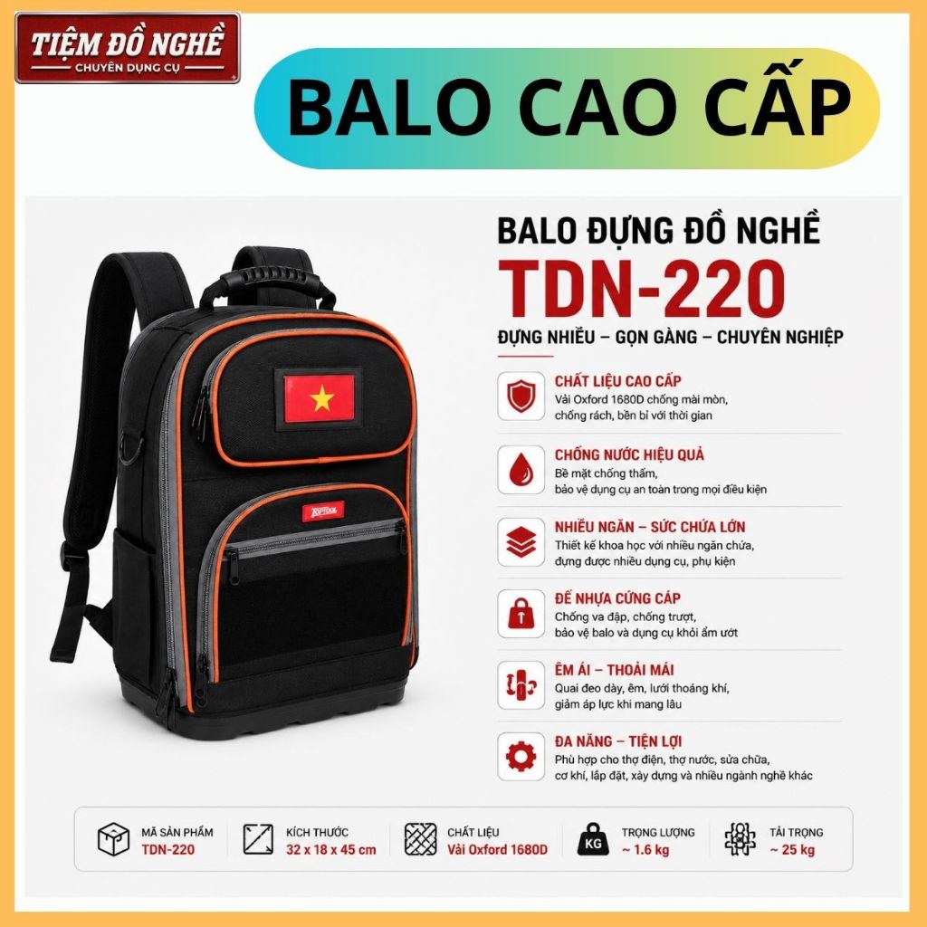 Balo đồ nghề TDN-220 cao cấp Balo đựng đồ nghề cơ khí sửa chữa điện nước, camera, thạch cao đế nhựa 