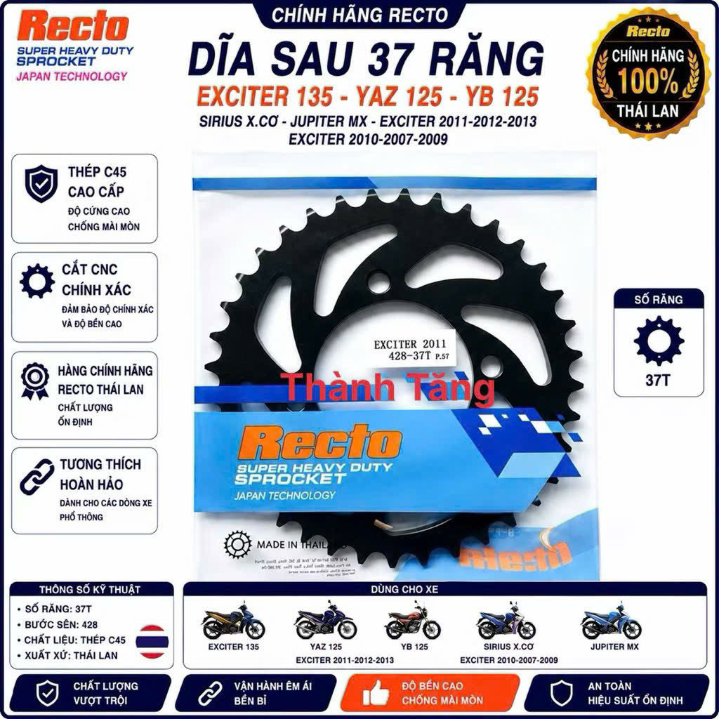 Dĩa sau 37 răng exciter 135,yaz 125,yb 125,sirius x.cơ,jupiter mx,exciter 2011-2012-2013,exciter 201