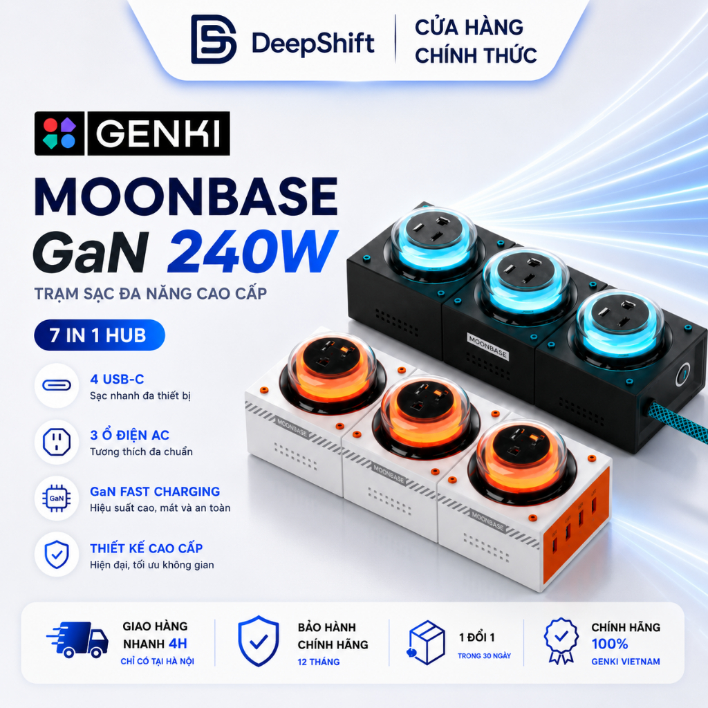 Trạm Sạc Genki Moonbase GaN 240W – Hub 7in1 x 4 USB-C x 3 Ổ Điện AC | 3 Cổng Cắm An Toàn