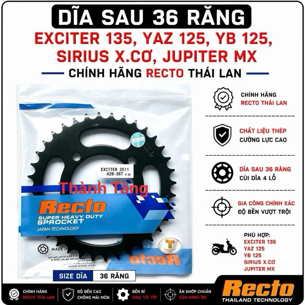 Dĩa sau 36 răng exciter 135,yaz 125,yb 125,sirius x.cơ,jupiter mx,exciter 2011-2012-2013,exciter 201