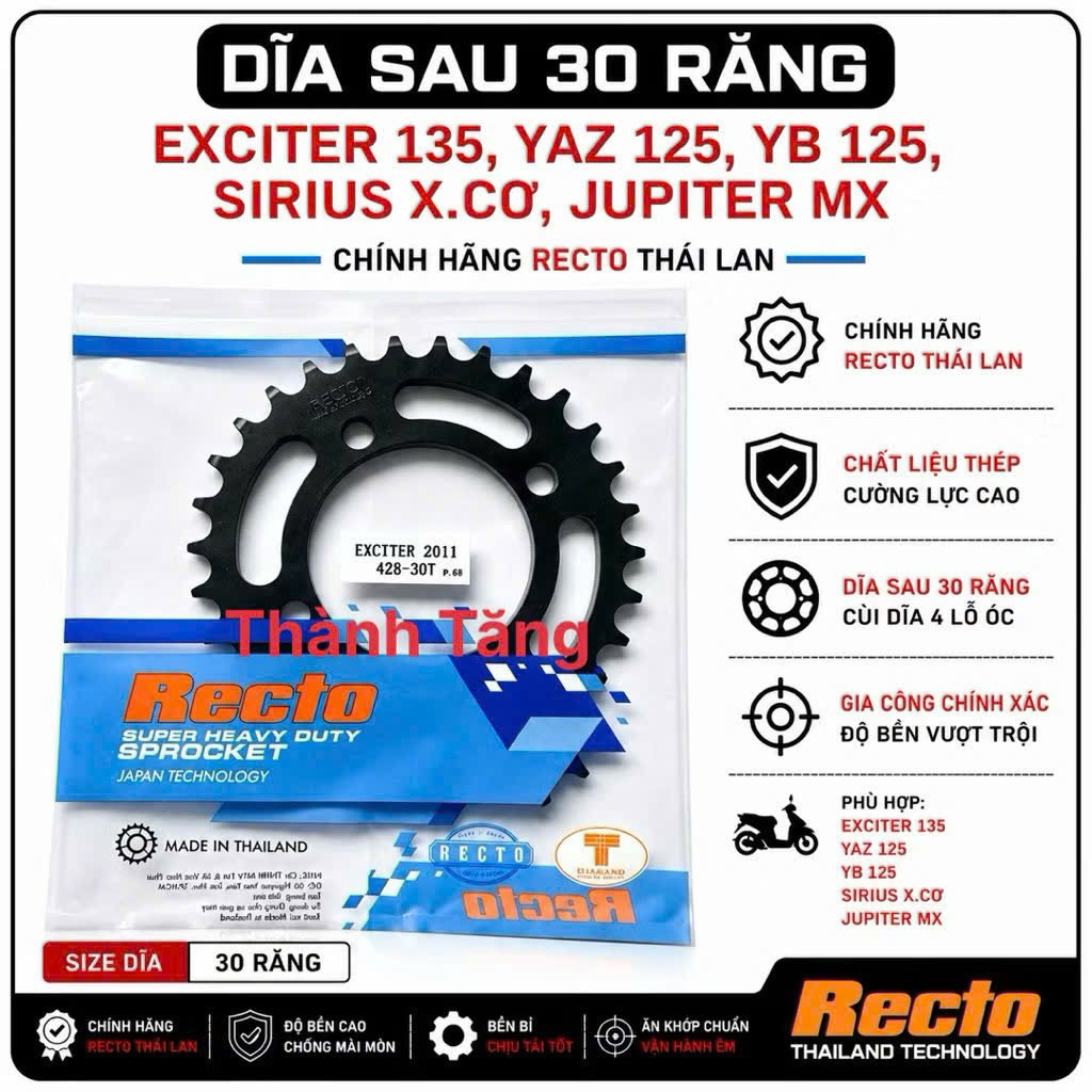 Dĩa sau 30 răng exciter 135,yaz 125,yb 125,sirius x.cơ,jupiter mx,exciter 2011-2012-2013,exciter 201