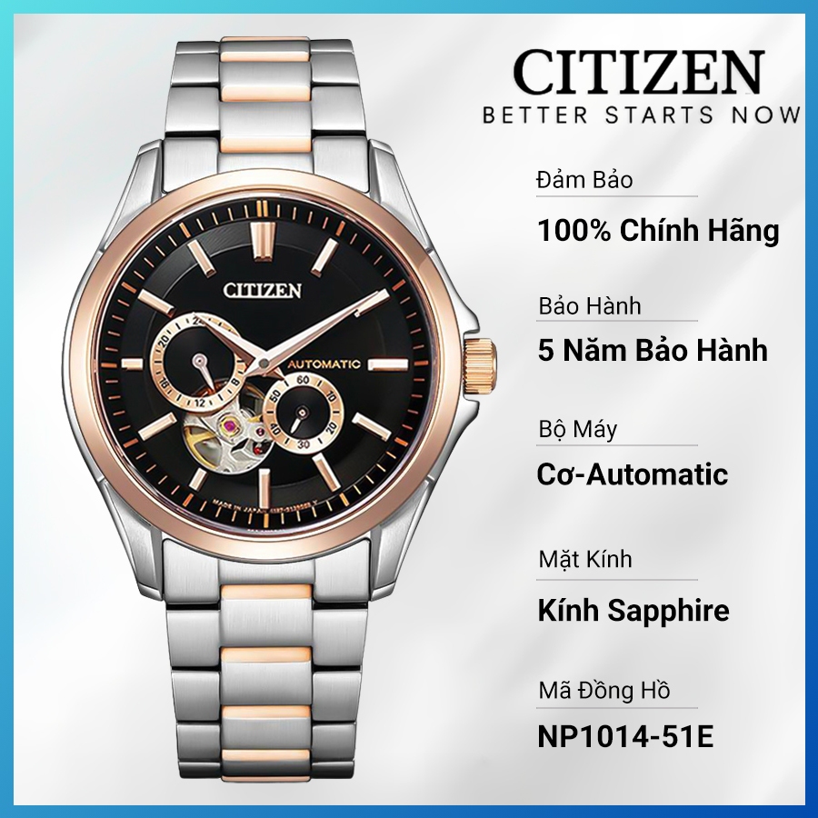 Đồng Hồ Nam Citizen Automatic Dây Thép Không Gỉ NP1014-51E - Mặt Đen (Sapphire)