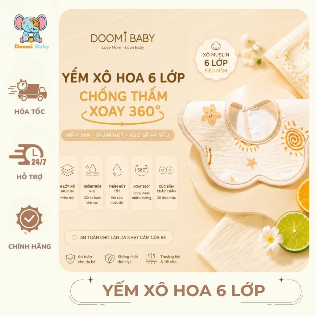 Yếm Xô Hoa 6 Lớp Chống Thấm Xoay 360 Độ Mềm Mịn Thấm Hút - Doomi Baby - HT555 - HT842
