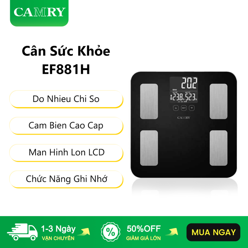 CAMRY Cân Sức Khỏe EF881H Man Hinh Lon LCD Do Nhieu Chi So Body Fat Scale Cân Điện Tử