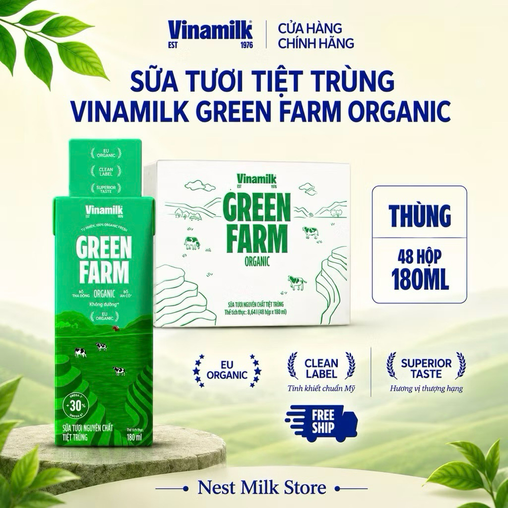 Sữa Tươi Tiệt Trùng Vinamilk Green Farm Organic Không Đường 180ml - Thùng 48 Hộp