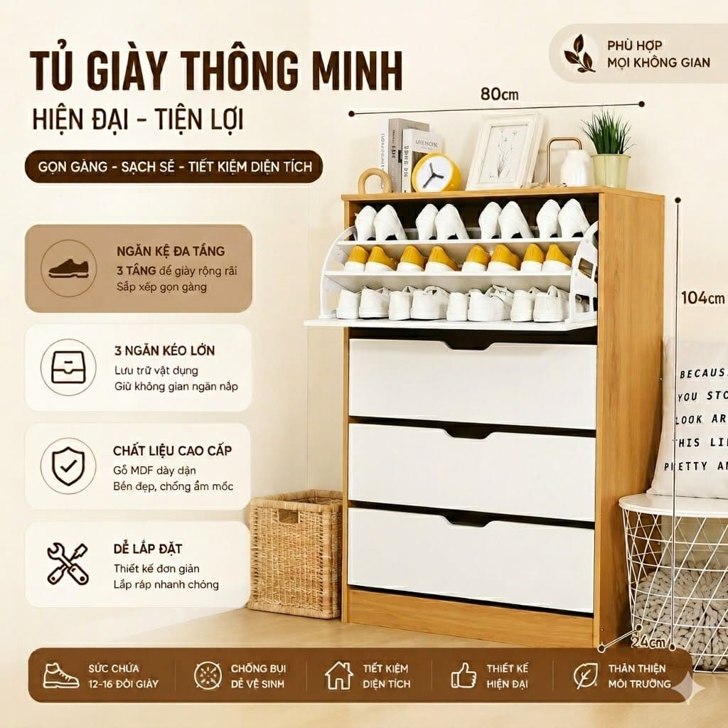 Tủ kệ giày dép 3  cánh lật phong cách trẻ trung, tủ giày hiện đại gỗ MDF chống ẩm thương hiệu HS620