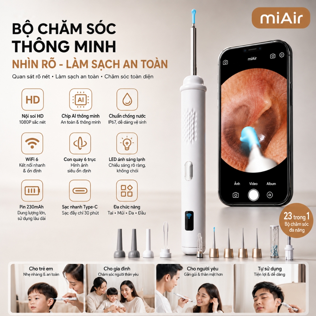 3Life Camera Lấy Ráy Tai HD Wifi 6 | Bộ Nội Soi Tai Mũi Da Đầu Thông Minh AI