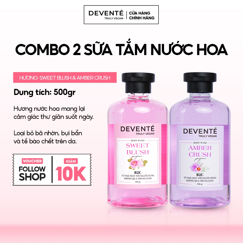Bộ 2 Sữa tắm hương nước hoa DEVENTE lưu hương lâu dưỡng ẩm mềm mịn 500g