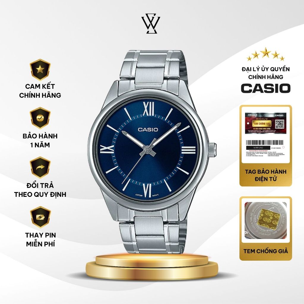 Đồng Hồ Nam Casio MTP-V005D-2B5UDF Mặt Xanh Kim Bạc Kính Khoáng 40mm Chống Nước Chính Hãng - WATCHST