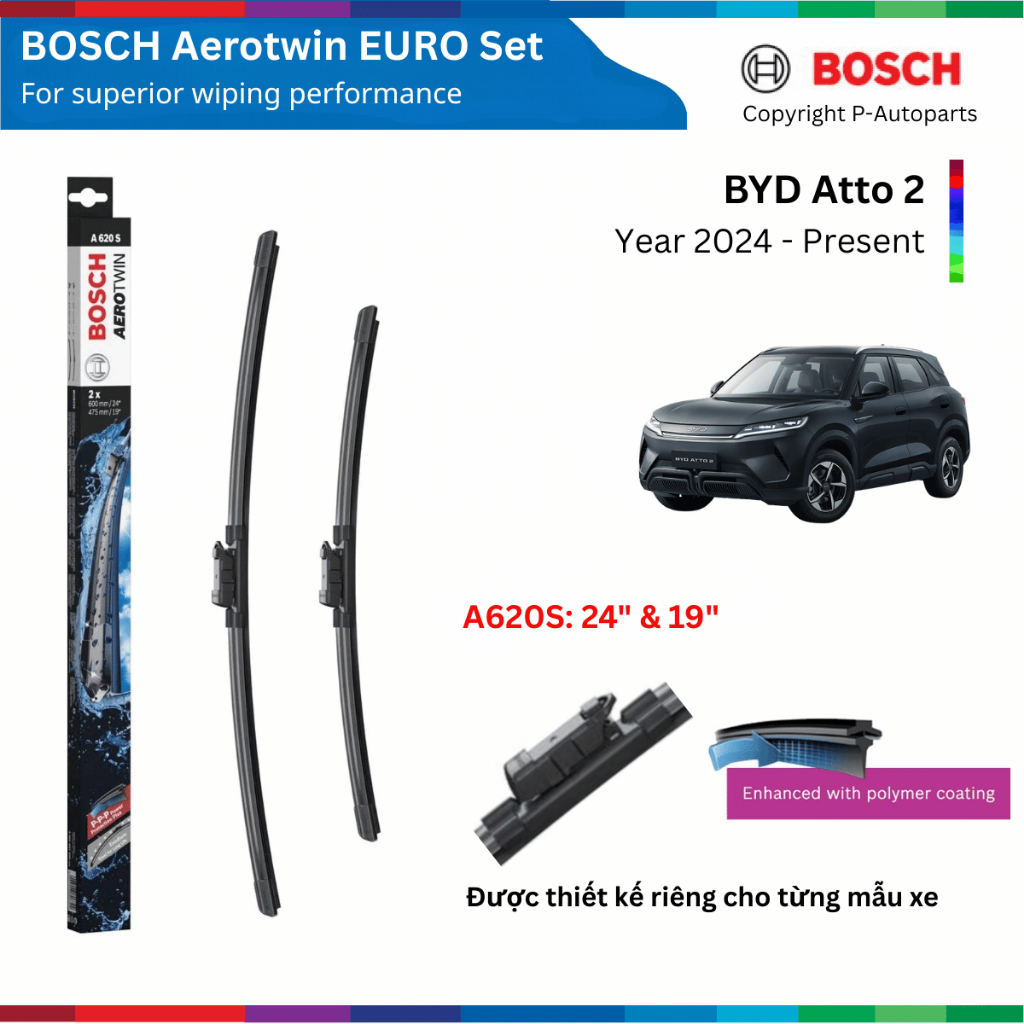 Bộ gạt mưa BOSCH AeroTwin Euro Set 24" & 19" xe BYD Atto 2 đời 2024 đến nay