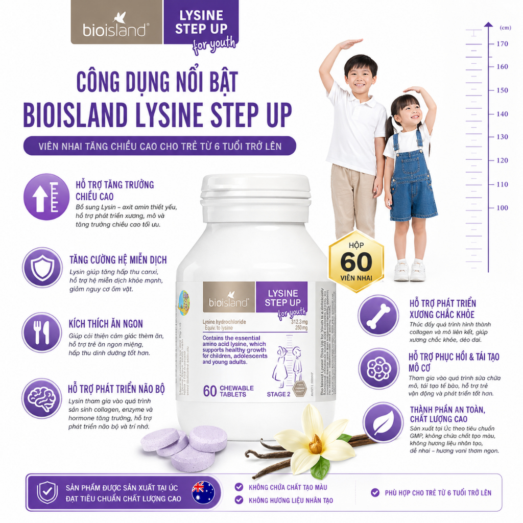 Lysine Úc Bio Island Lysine Step Up for Youth 60 Viên 6- 24 Tuổi - Hỗ Trợ Chiều Cao, Ngừa Loãng Xươn