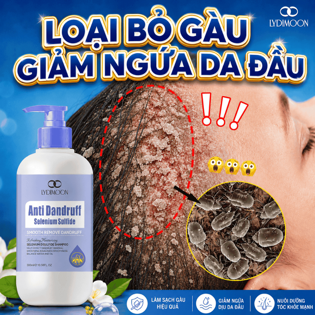 Dầu Gội Giảm Gàu Ngứa Selenium Sulfide LYDIMOON 300ml Kiềm Dầu Da Đầu, Làm Sạch Sâu, Tóc Bồng Bềnh