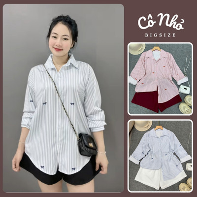 Set Sơ Mi Quần Đùi Bigsize Nữ Áo Sơ Mi Nơ In Kèm Quần Short Năng Động Mùa Hè 50-95kg SET975