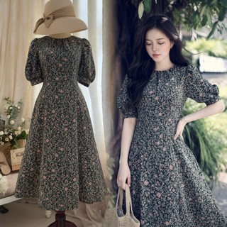 Đầm Midi cổ tròn tay phồng phối nẹp, Tùng 8 mảnh eo thun _ D6.005