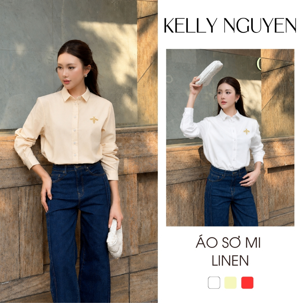 Áo sơ mi nữ tay dài công sở KELLY NGUYỄN chất Linen kiểu dáng basic, thiết kế thanh lịch | ASM003